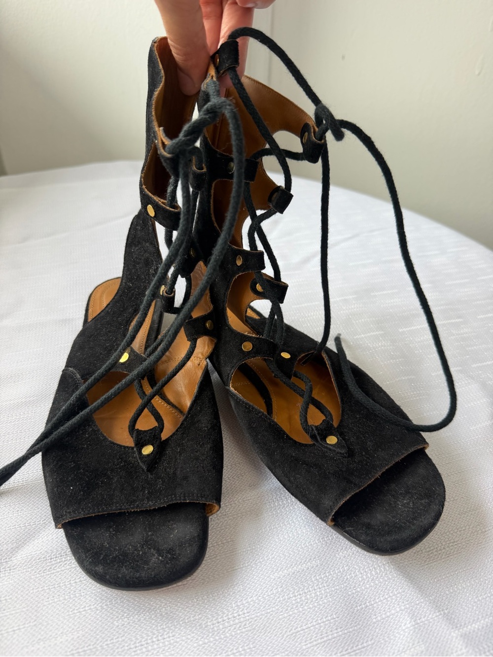 Chloé Black Suede Lace Up Wedge Sandals Size 35.5 Made in Italy